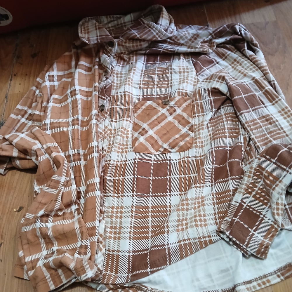 Brown and White Plaid Button-Up Shirt